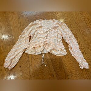 Free People Boho Ruched Peplum Top Large Peach Chevron Romantic Blouse